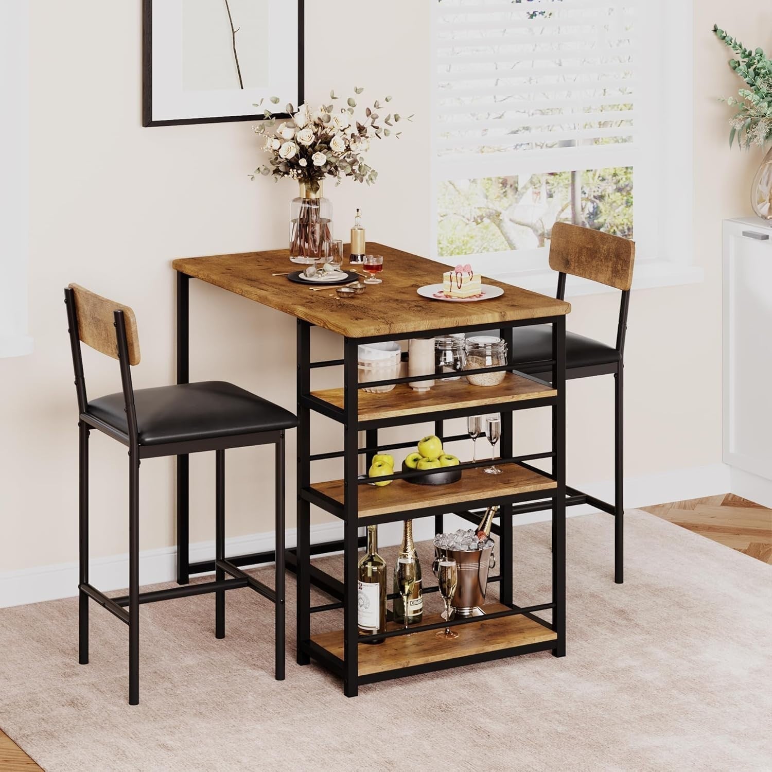 2-Seater Dining Table Set Chairs & 3-Tier Storage Shelves, Rustic Brown Bistro