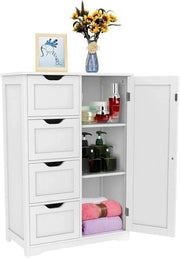White Wooden Bathroom Cabinet with 4 Drawers & 1 Door, Floor Storage Cupboard