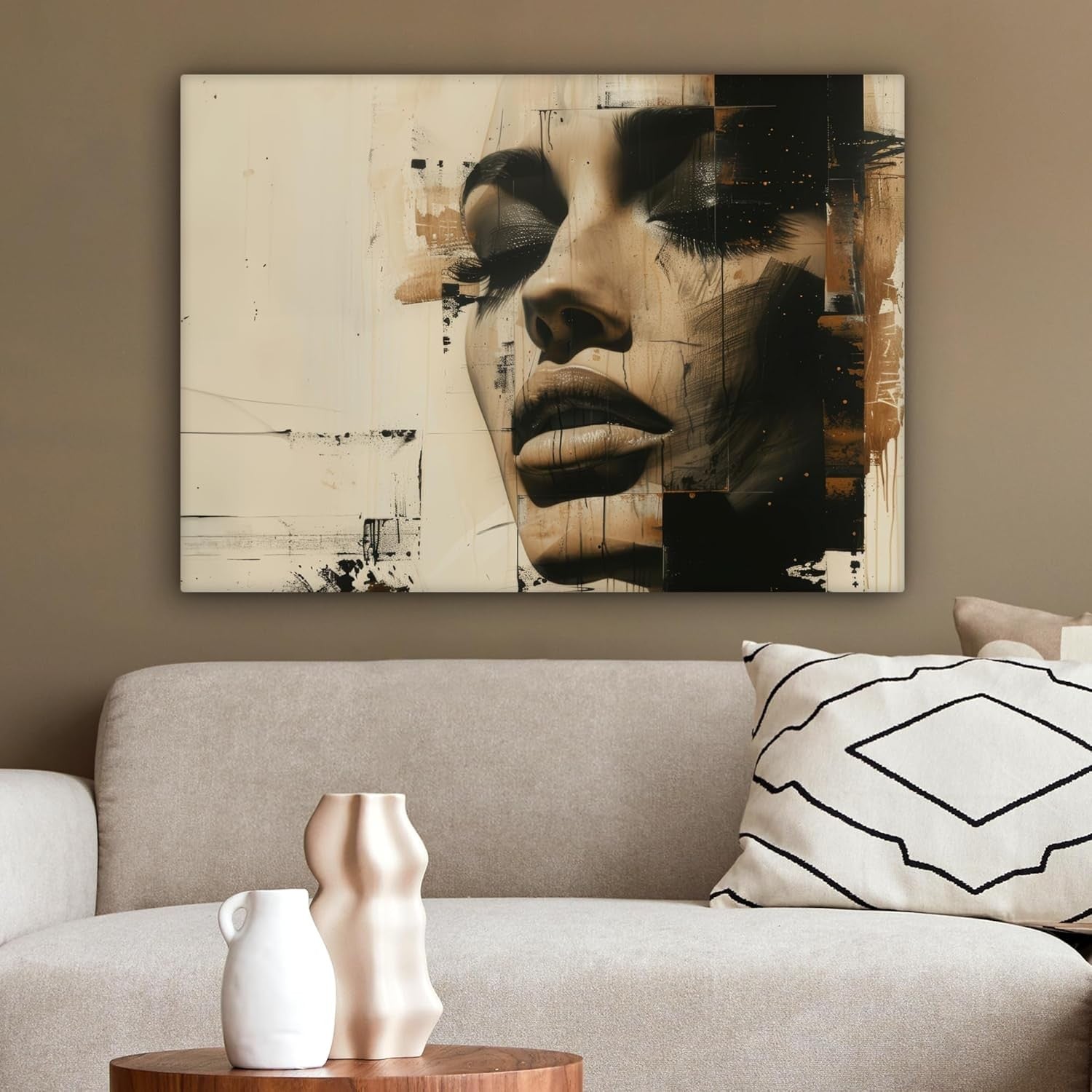 Abstract Woman Canvas Wall Art Modern Beige Face Print 80x60cm Home Decor