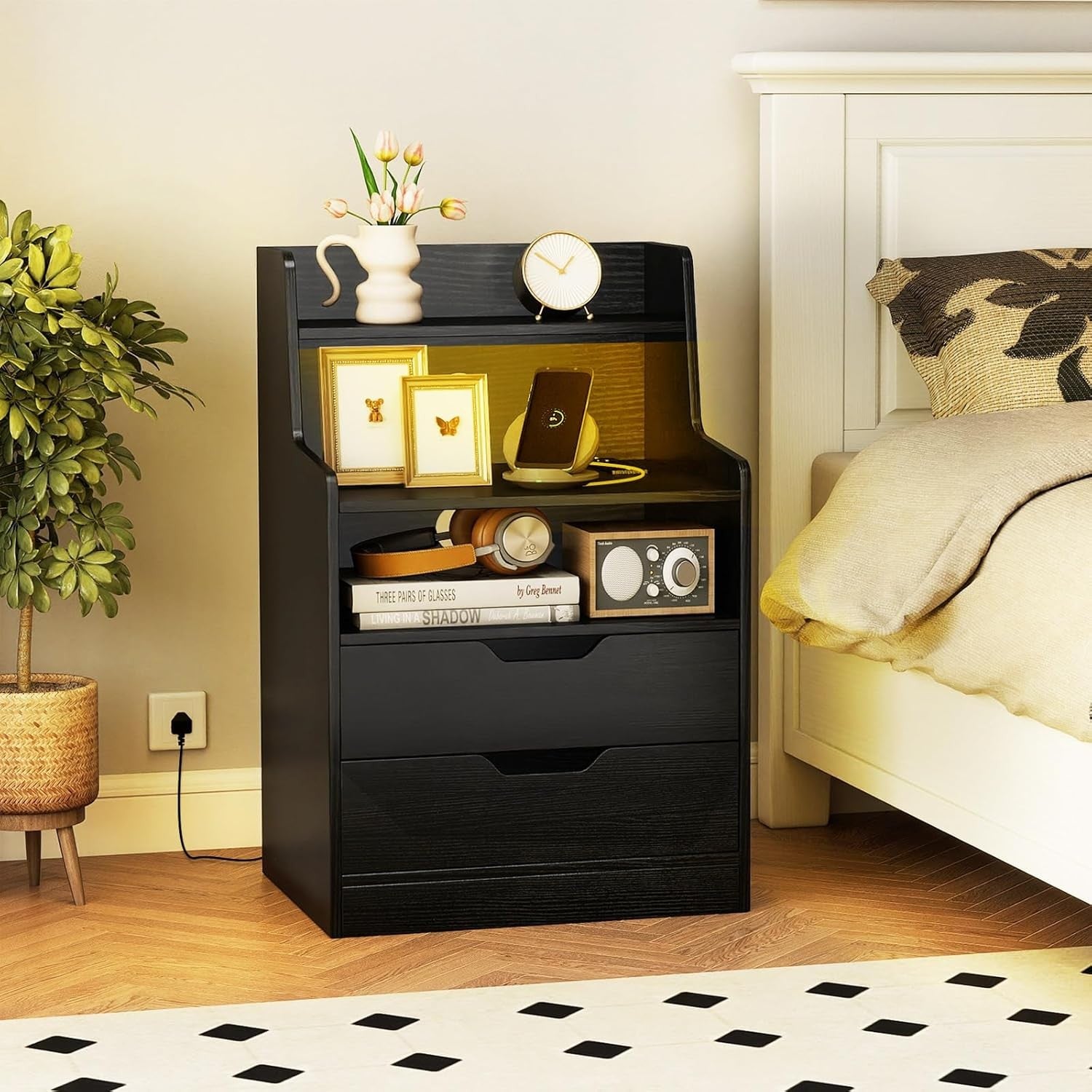 Black LED Bedside Tables with Charging Station, Drawers & RGB Display Shelves