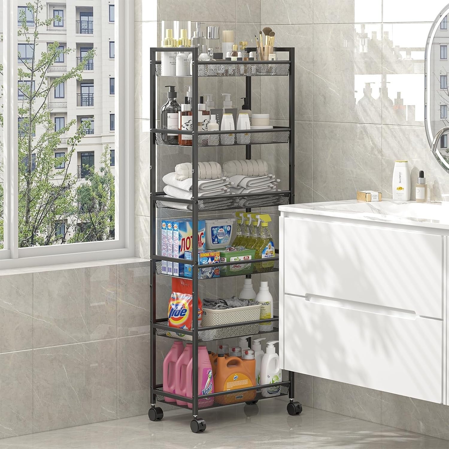 6 Tier Slim Rolling Storage Cart Narrow Utility Shelf with Wheels Black