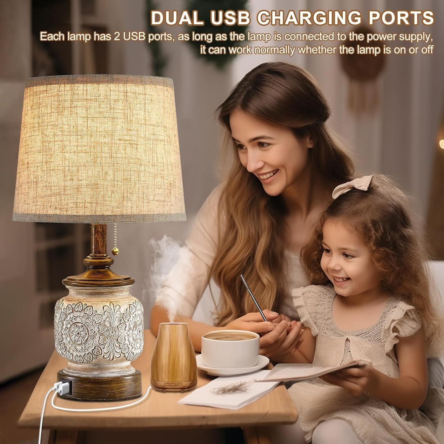 Farmhouse Rustic Table Lamps Set of 2 with USB Ports for Bedroom Living