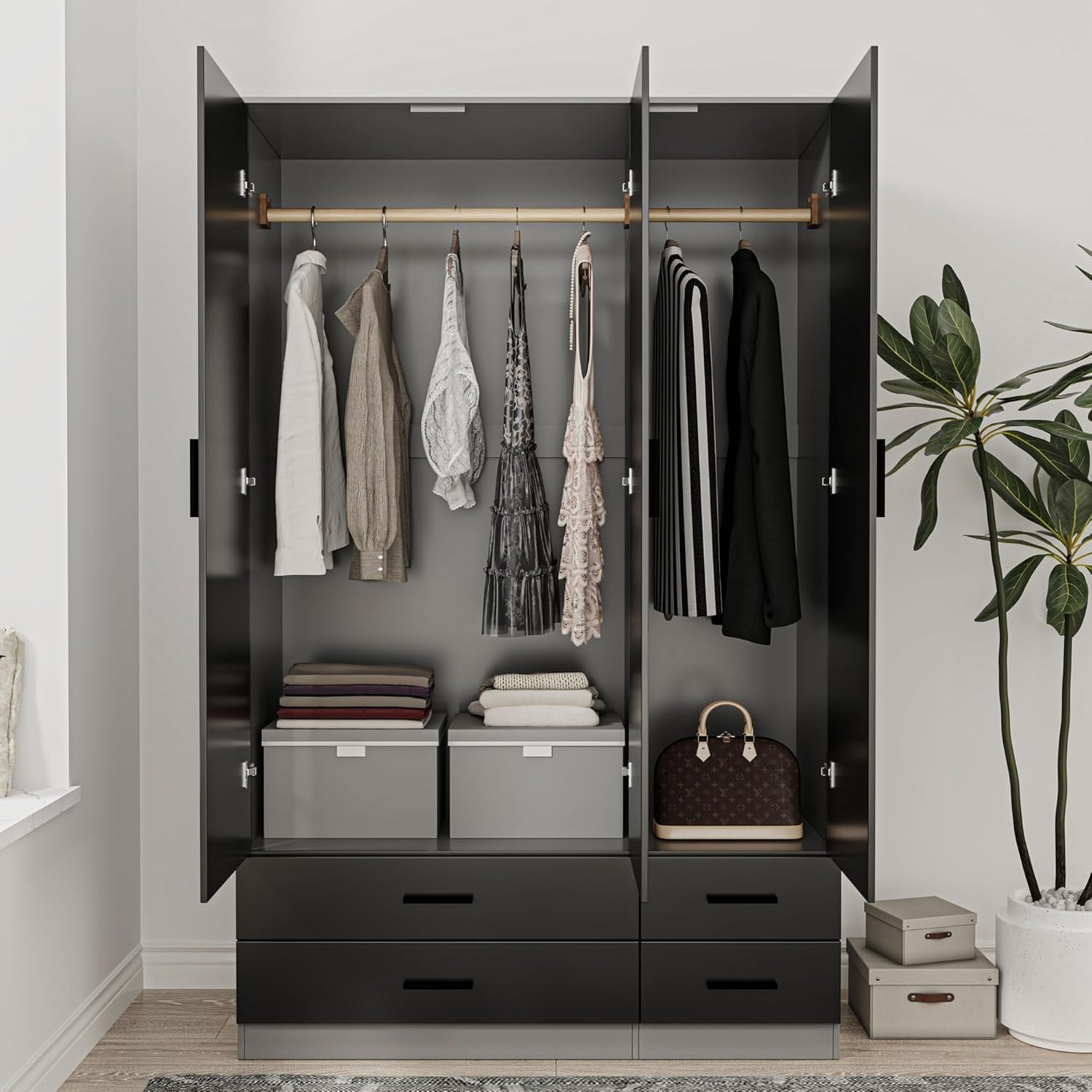 Black & Grey 3 Door Wardrobe 4 Drawers Rail Bedroom Cupboard Storage Modern