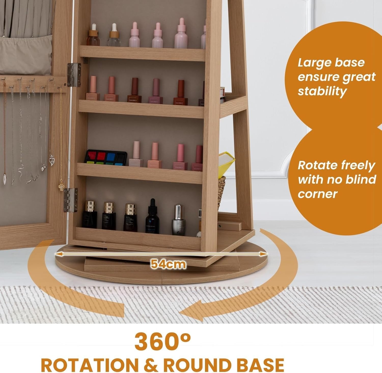 Natural Wood Rotating Jewelry Armoire LED Mirror Lockable Storage