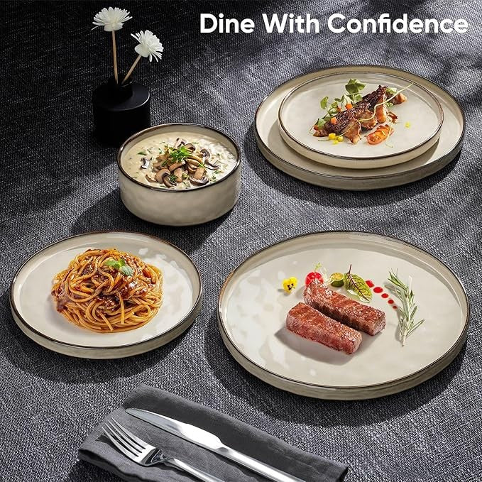 12pc Stoneware Dinner Set Plates Bowls Reactive Glaze Service for 4 Khaki