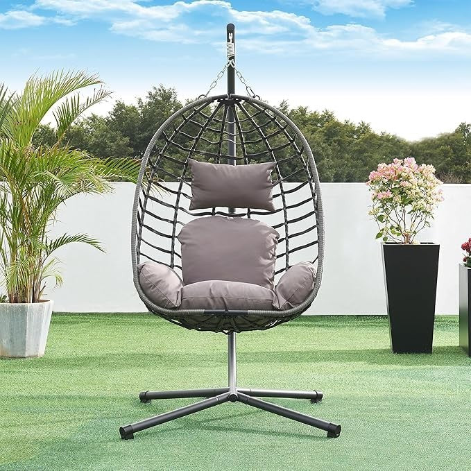 Hanging Egg Chair with Stand Outdoor Indoor Swing Seat Grey Rattan Cushion