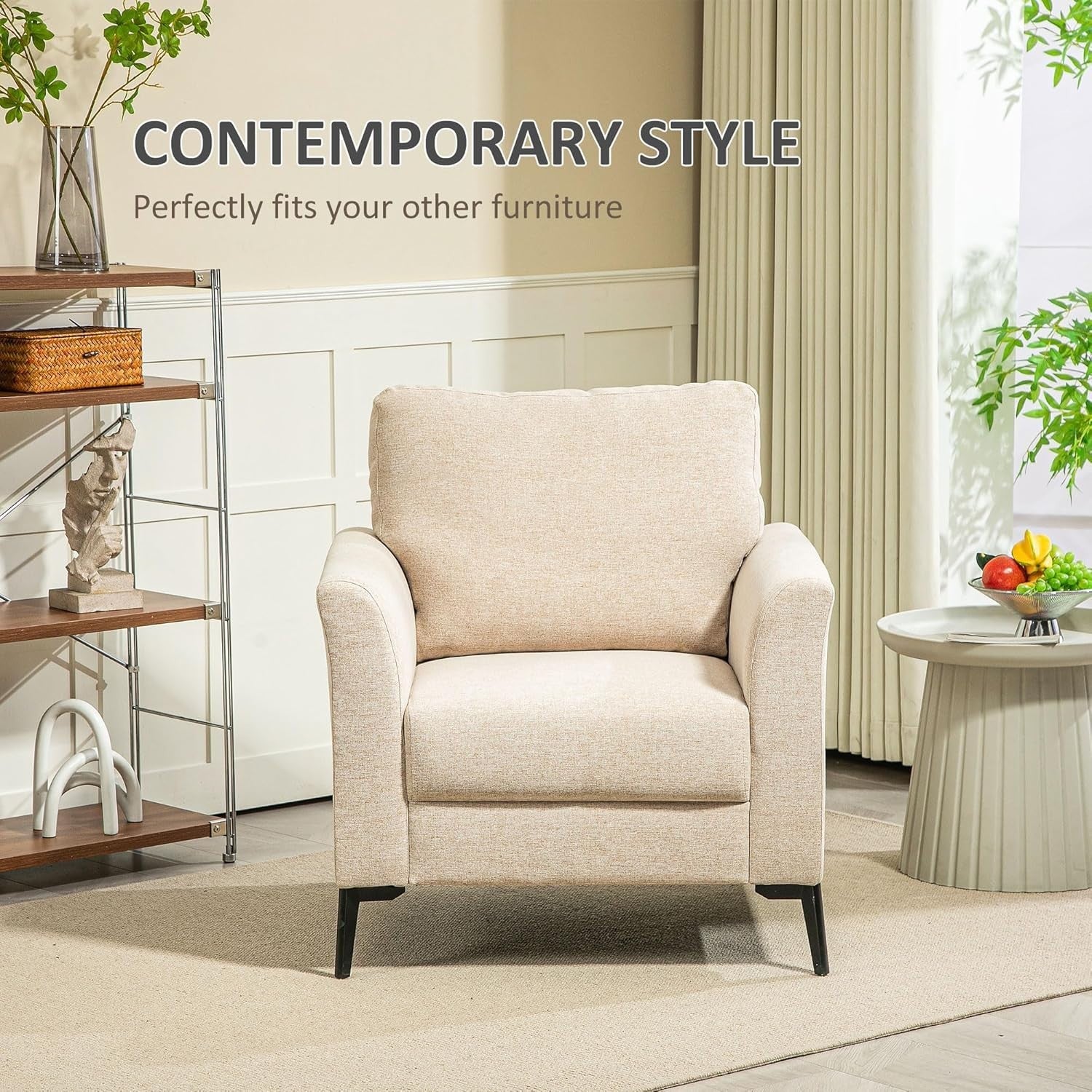 Beige Linen Armchair with Padded Seat & Metal Legs for Lounge or Office