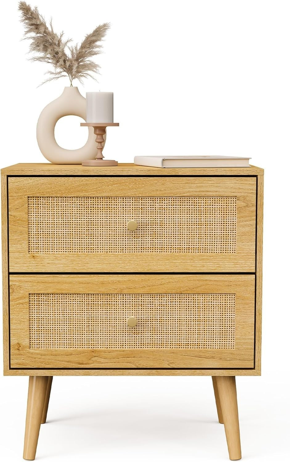 Set of 2 Rattan Bedside Tables – Scandi Boho 2 Drawer Wooden Nightstands