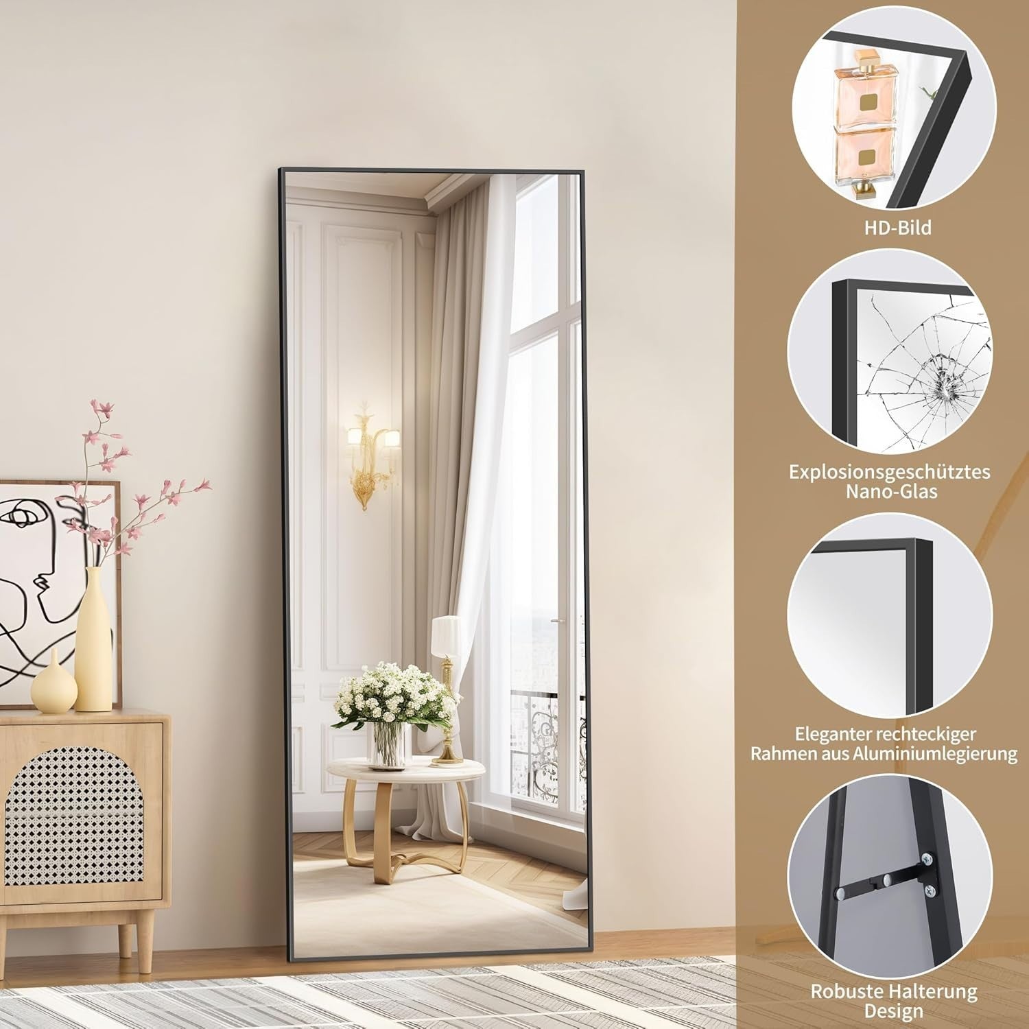 Full Length Wall Mirror 165x60cm Slim Frame Free Standing Stylish - Kwikley
