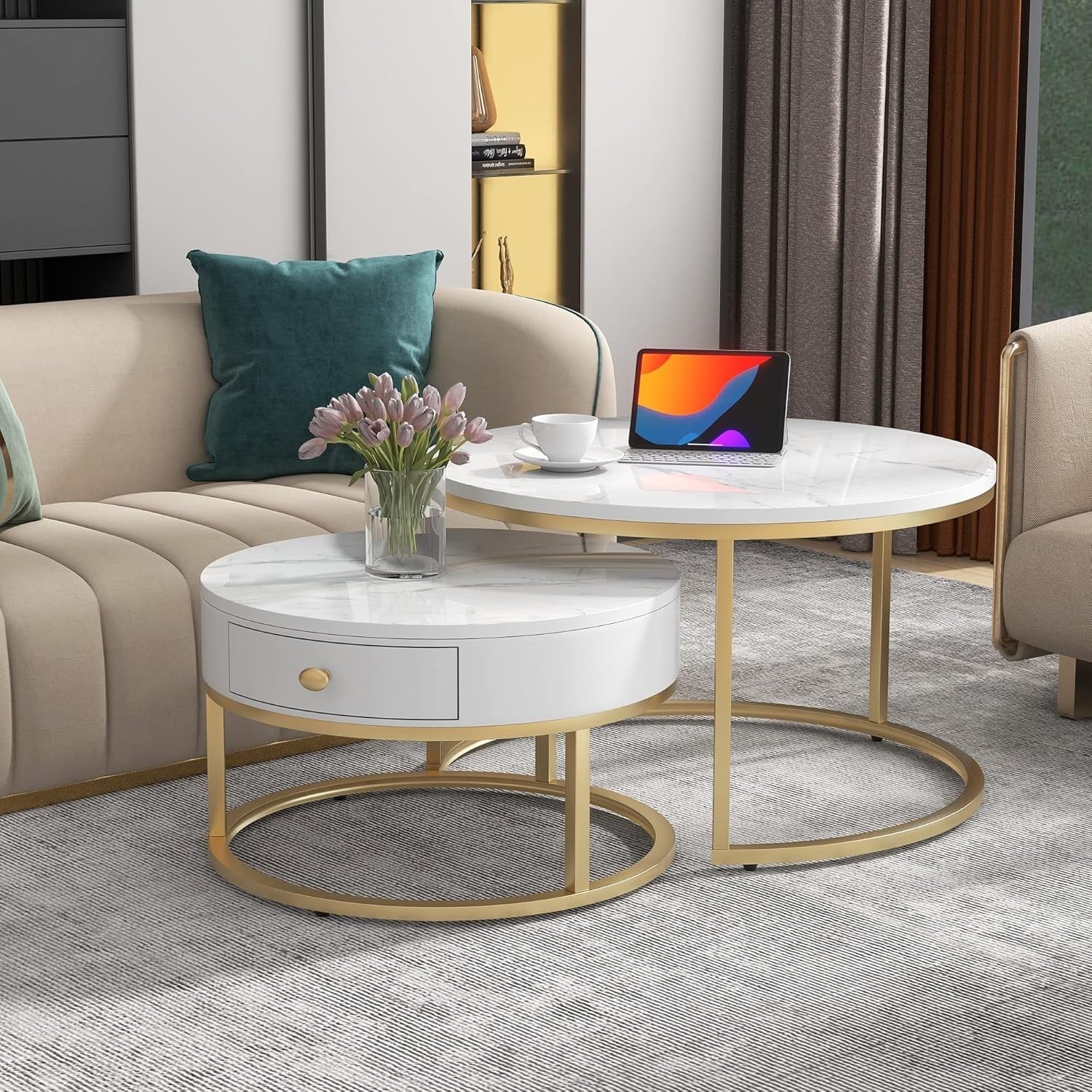 2PCS Nesting Coffee Table Set Marble Look Top Round Metal Frame Living Room