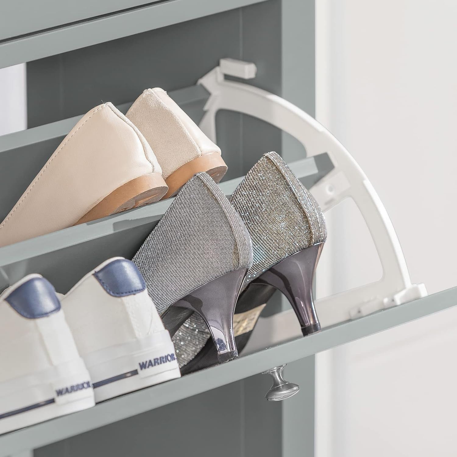 Slim Modern Grey Shoe Cabinet with Drawer & Flip Doors, 12-Pair Storage