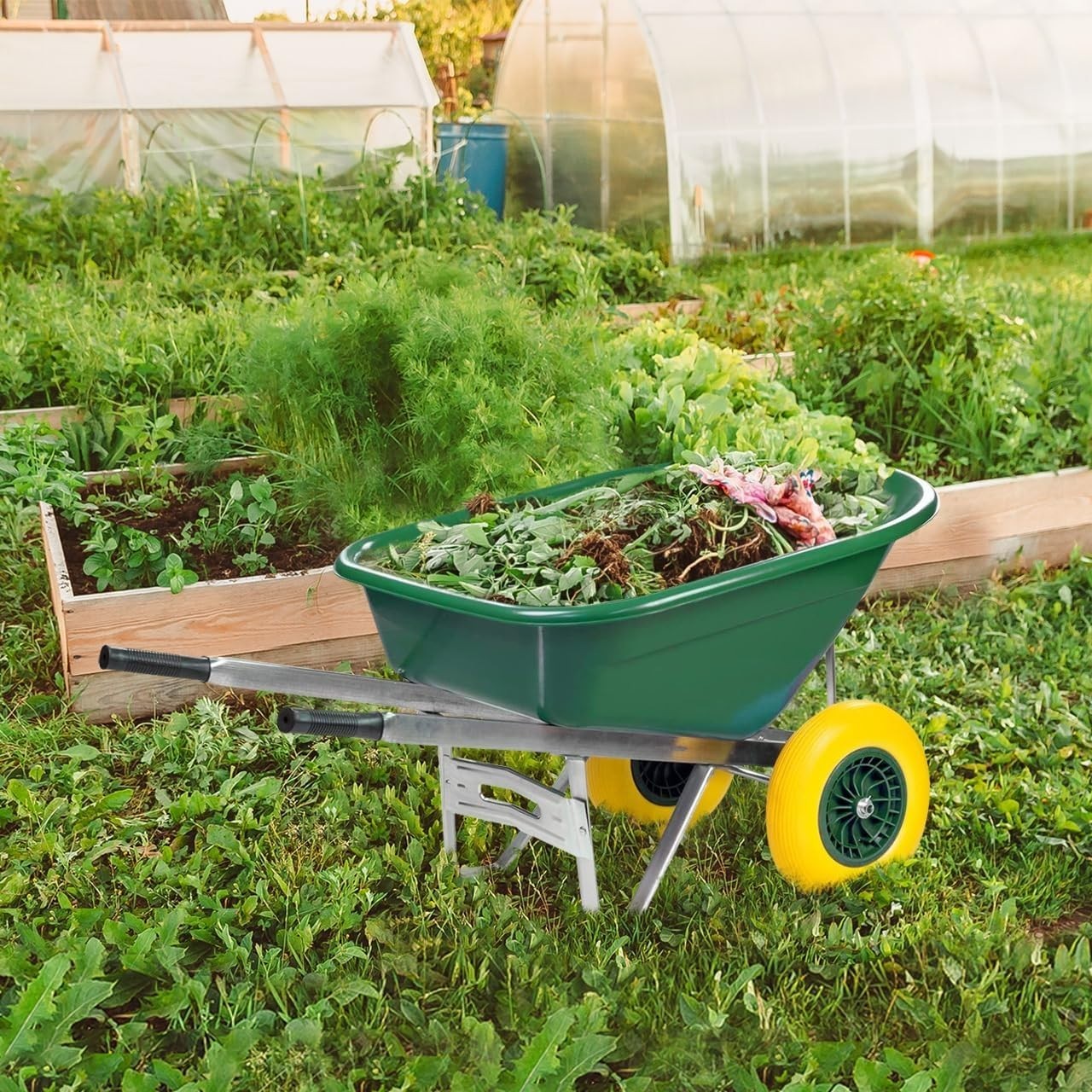 200L 1-Wheel Garden Wheelbarrow – Green – Galvanised Frame w/ PU Tyre 250kg Load