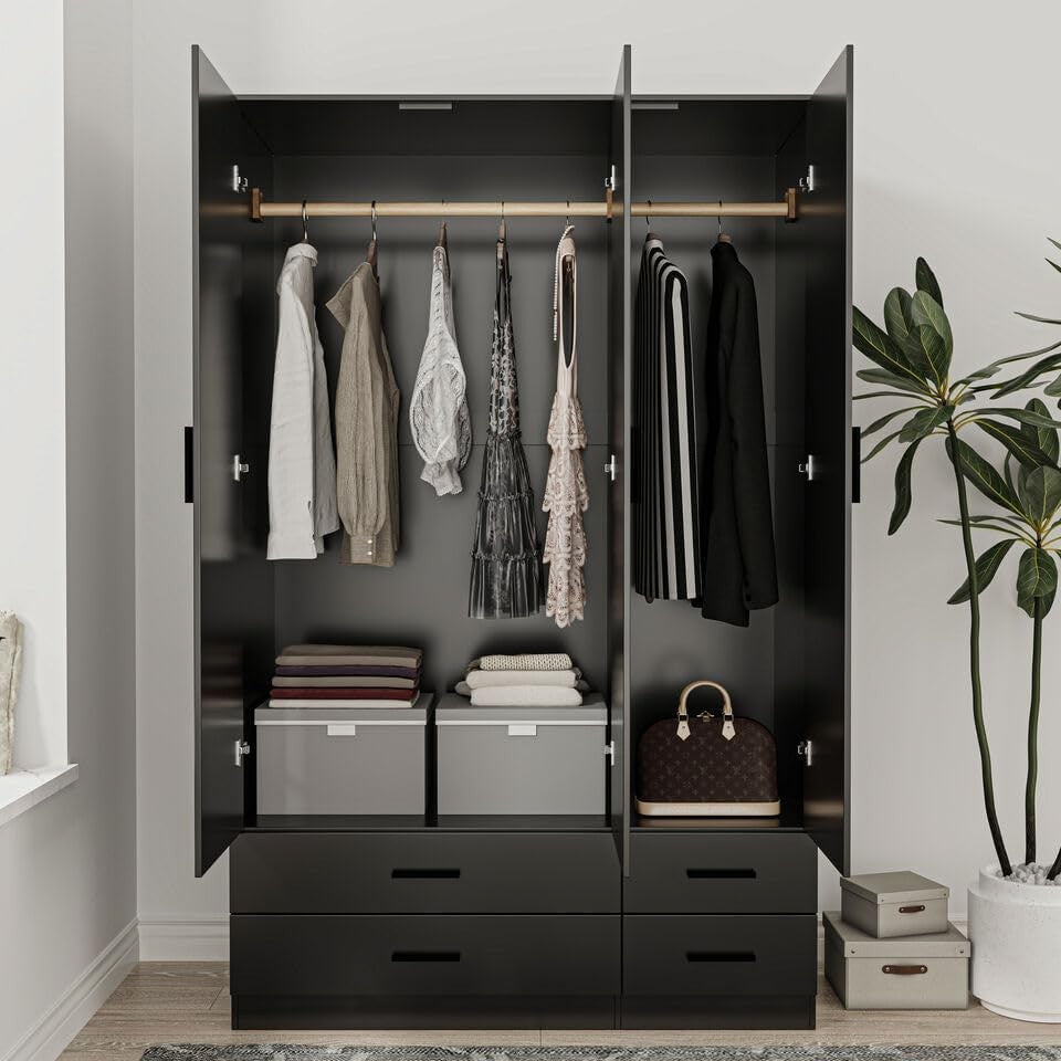 3 Door 4 Drawer Wardrobe Hanging Rail Black Bedroom Storage Organizer