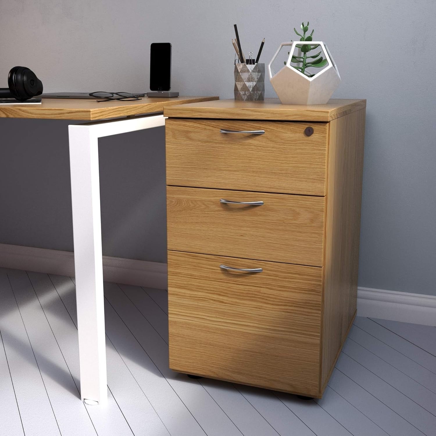 Oak 3 Drawer Lockable Filing Cabinet 40x60x73cm Wood Pedestal
