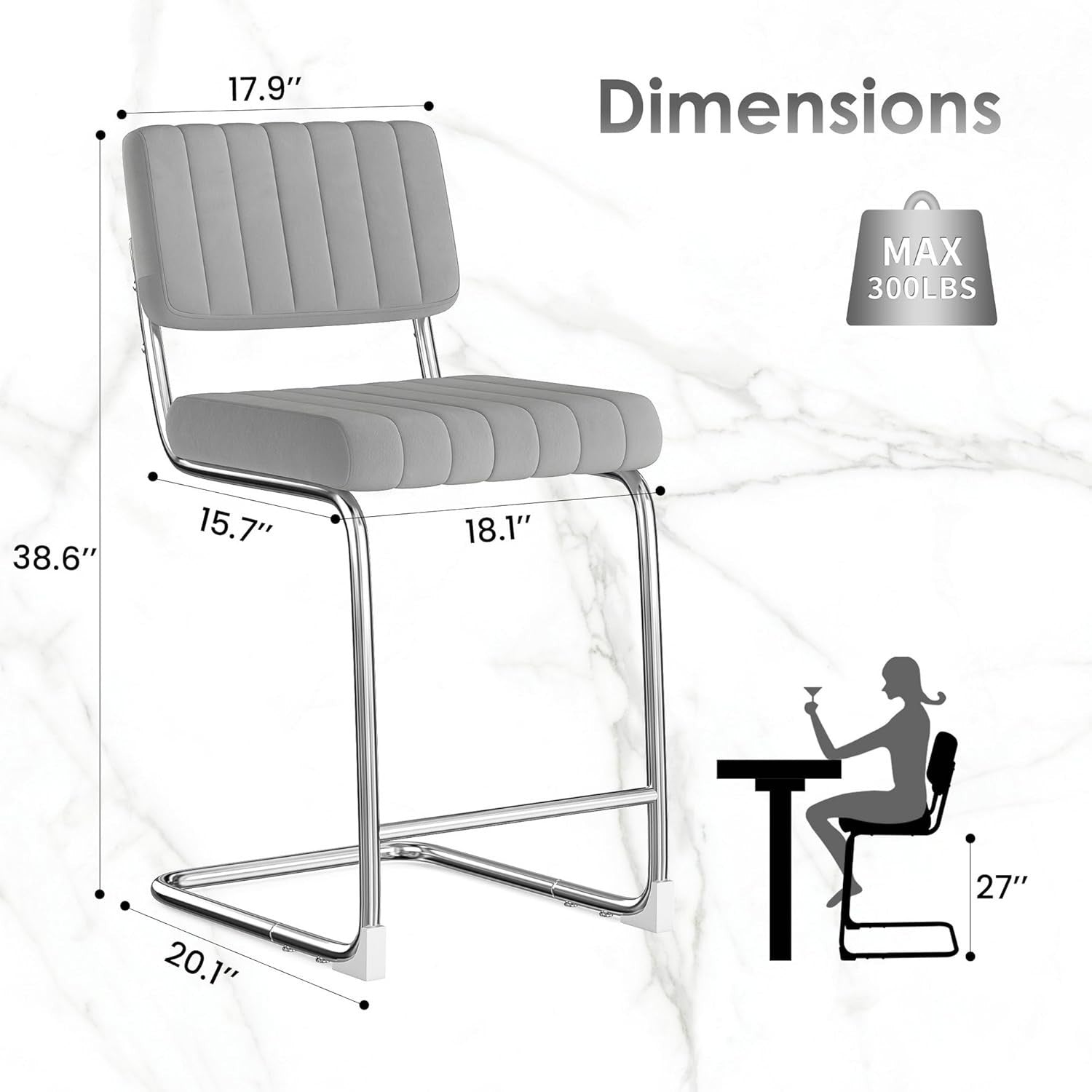 Modern Bar Stools 2pcs Grey Faux Leather 27in Counter Kitchen Chairs
