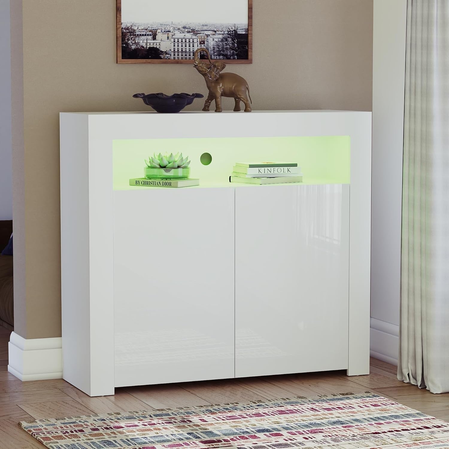 Modern White LED Sideboard 2 Doors Magnetic Storage Cabinet RGB Lighting