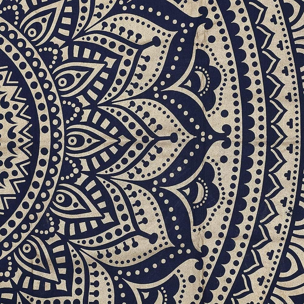 Boho Blue Gold Mandala Tapestry 82x92" Cotton Wall Hanging