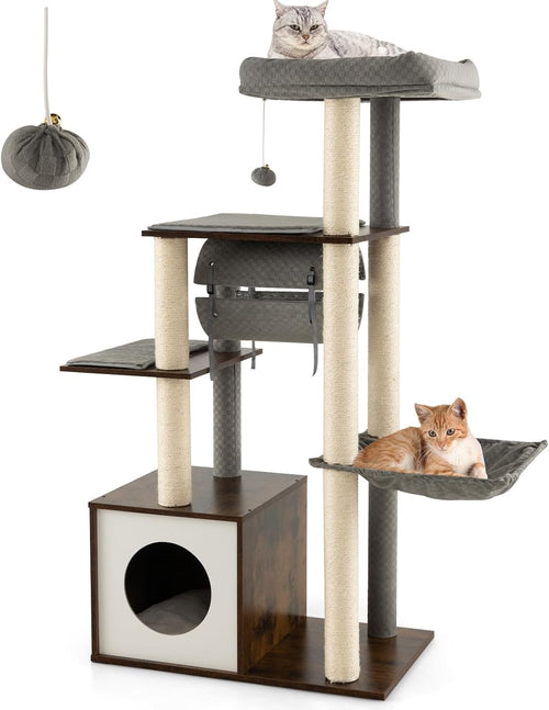 127cm Wooden Cat Tree Tower Condo Hammock Sisal Posts Swing Indoor