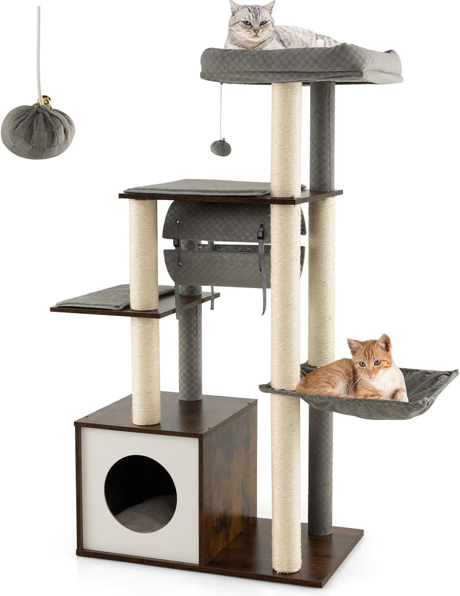 127cm Wooden Cat Tree Tower Condo Hammock Sisal Posts Swing Indoor