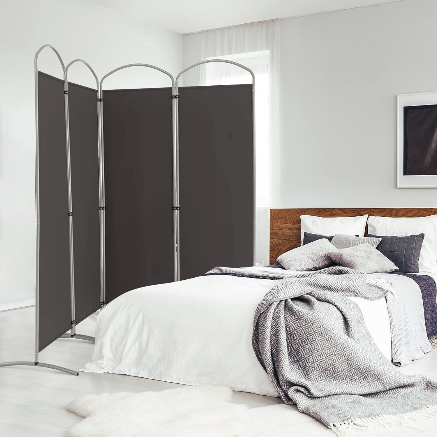 4 Panel Grey Folding Room Divider Privacy Screen for Bedroom Office 188cm High