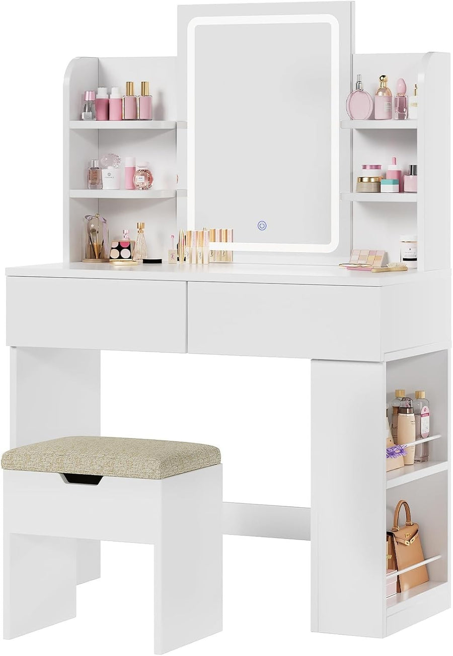 Modern Vanity Dressing Table Set White LED Mirror Stool Storage Drawers Shelves