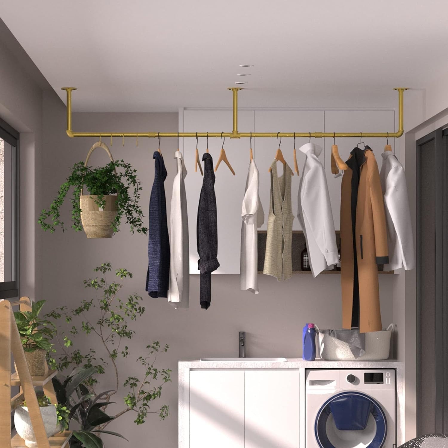 Wall Mounted Industrial Pipe Clothes Rail Heavy Duty White 180cm