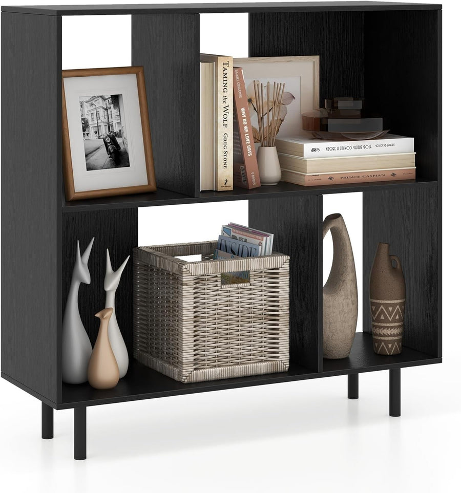 4-Cube Storage Bookcase Wooden Shelves Metal Legs Anti-Tip 90x30x90cm