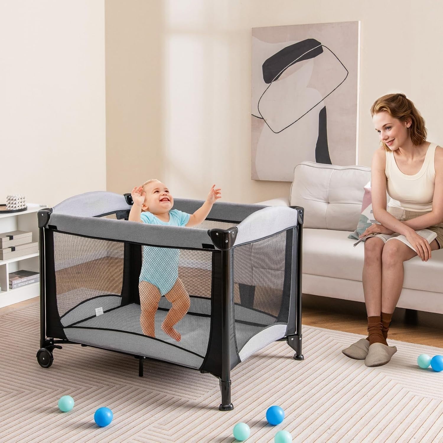 5in1 Baby Travel Cot Foldable Crib with Mattress, Changer & Storage Black