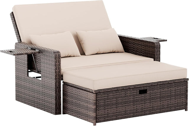 Rattan Daybed Sofa Set Storage Ottoman Cushions Tray Patio Garden Seat