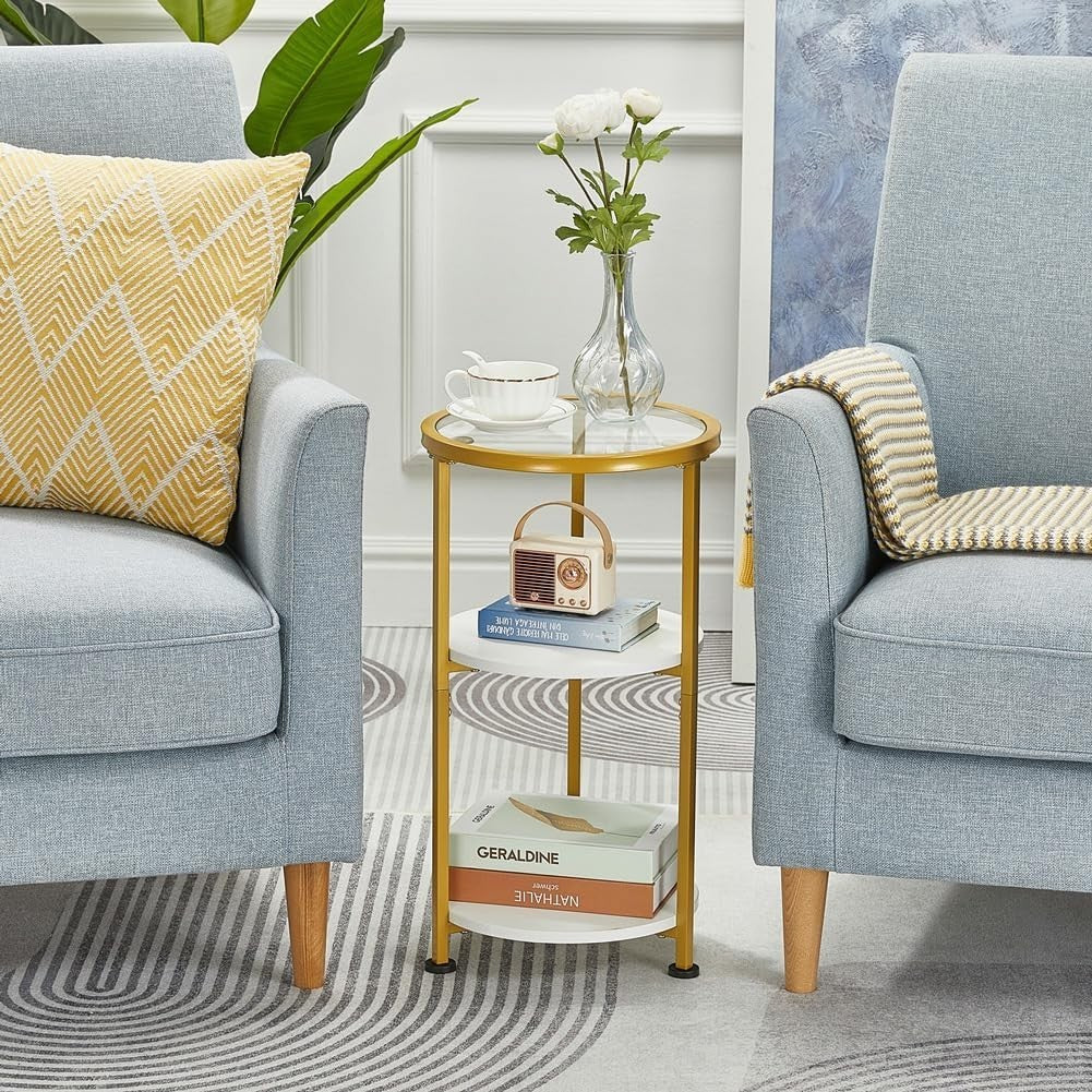 Small Round Glass Side Table with 3-Tier Storage, Tempered Glass & Gold Trim