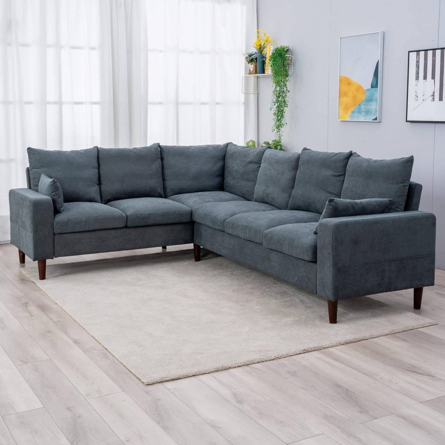 L Shape Grey Fabric Corner Sofa 6 Seater with Wood Legs Compact & Comfy