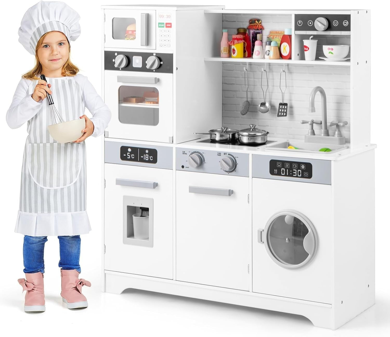 Kids Wooden Play Kitchen Lights Sounds Washer Coffee Maker Toy