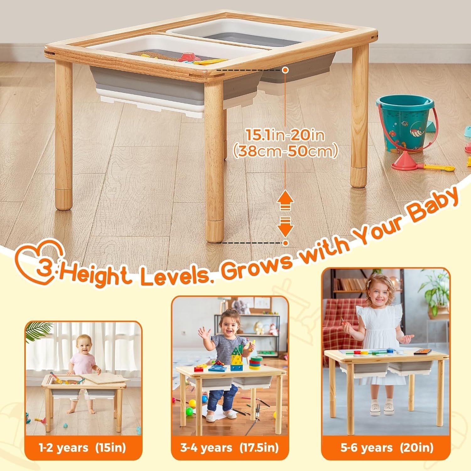 Adjustable Kids Sensory Table with 2 Storage Bins, Sand & Water Play, Pine Wood