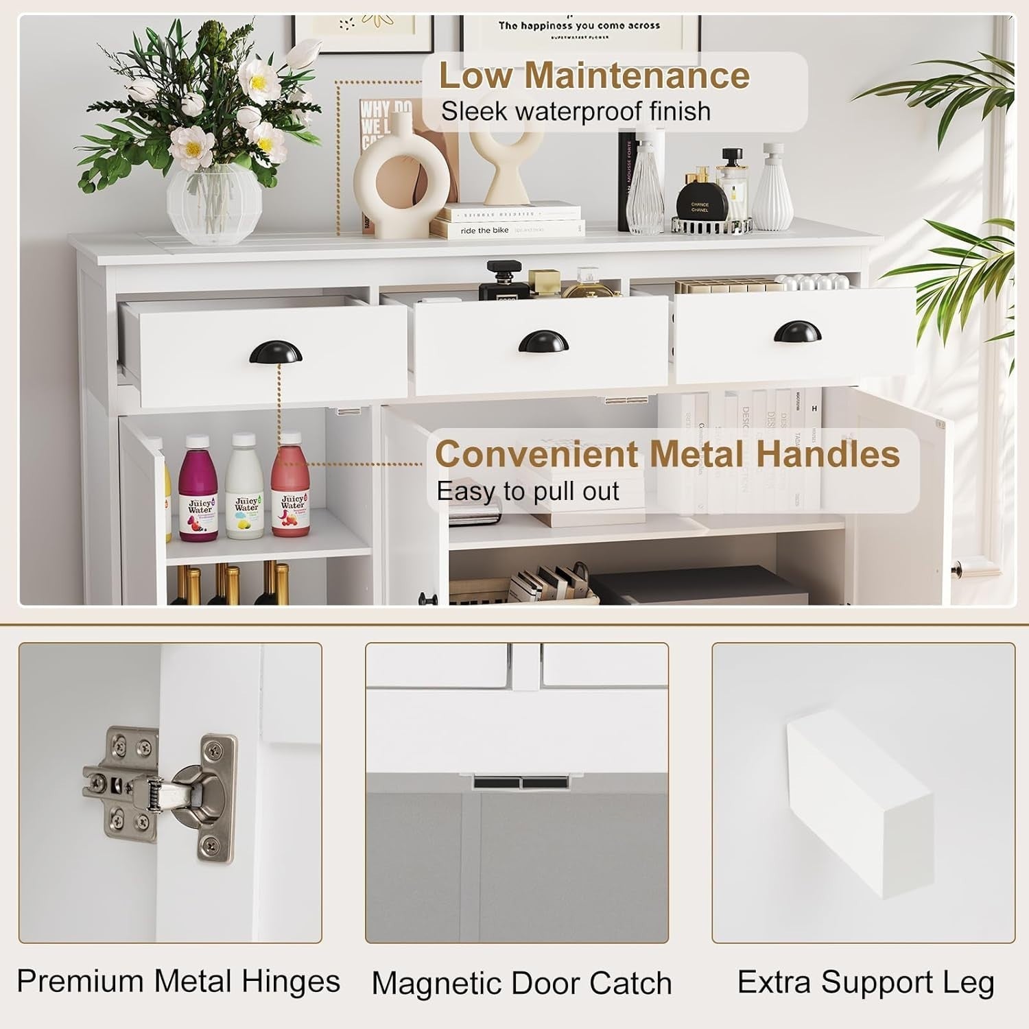 White Sideboard Storage Cabinet with Drawers & Adjustable Shelves Unit