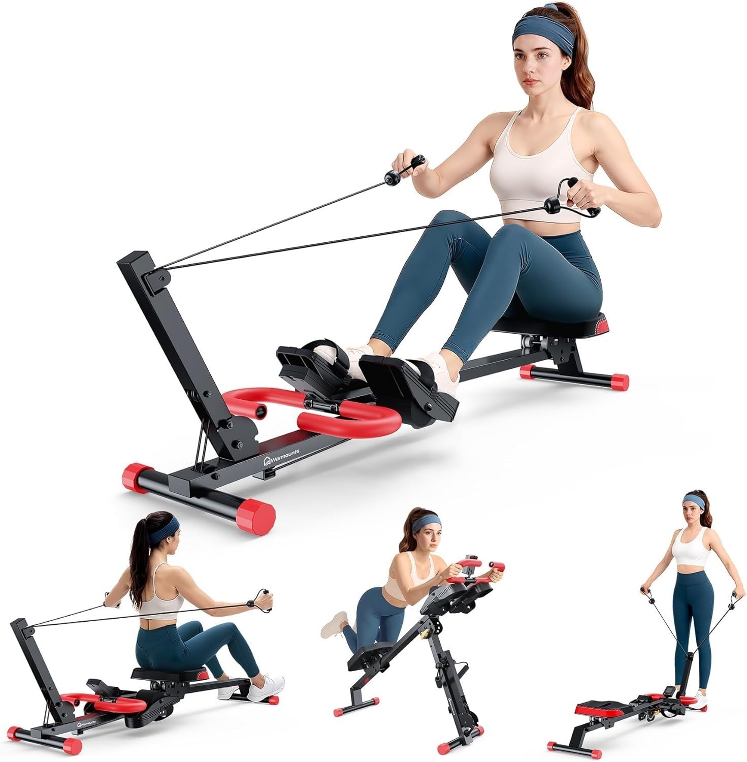 4 in 1 Foldable Rowing Machine Ab Trainer w LCD Adjustable Home Gym