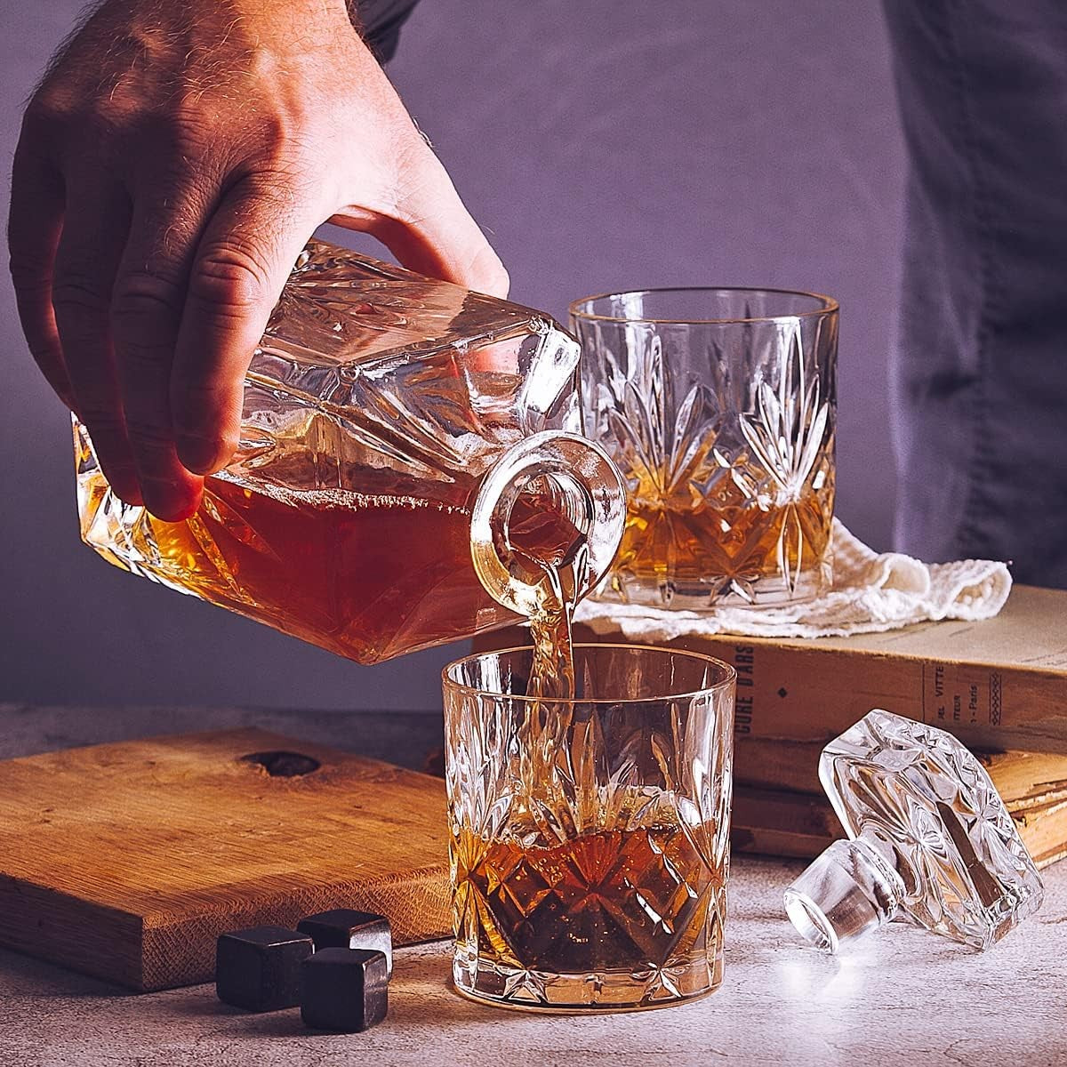 750ml Whiskey Decanter Gift Set with 2 Glasses Stones & Wooden Box Luxury Men