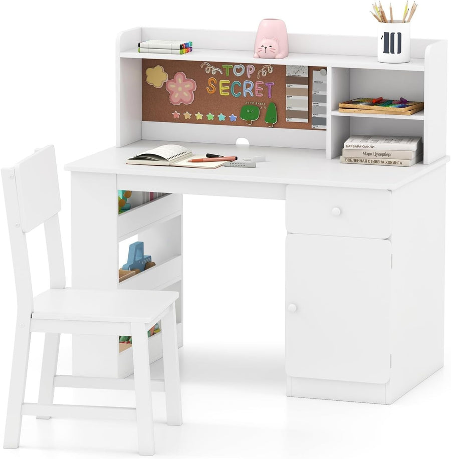 Kids Study Desk & Chair Wooden Table w/ Storage Shelf Drawer Cabinet White