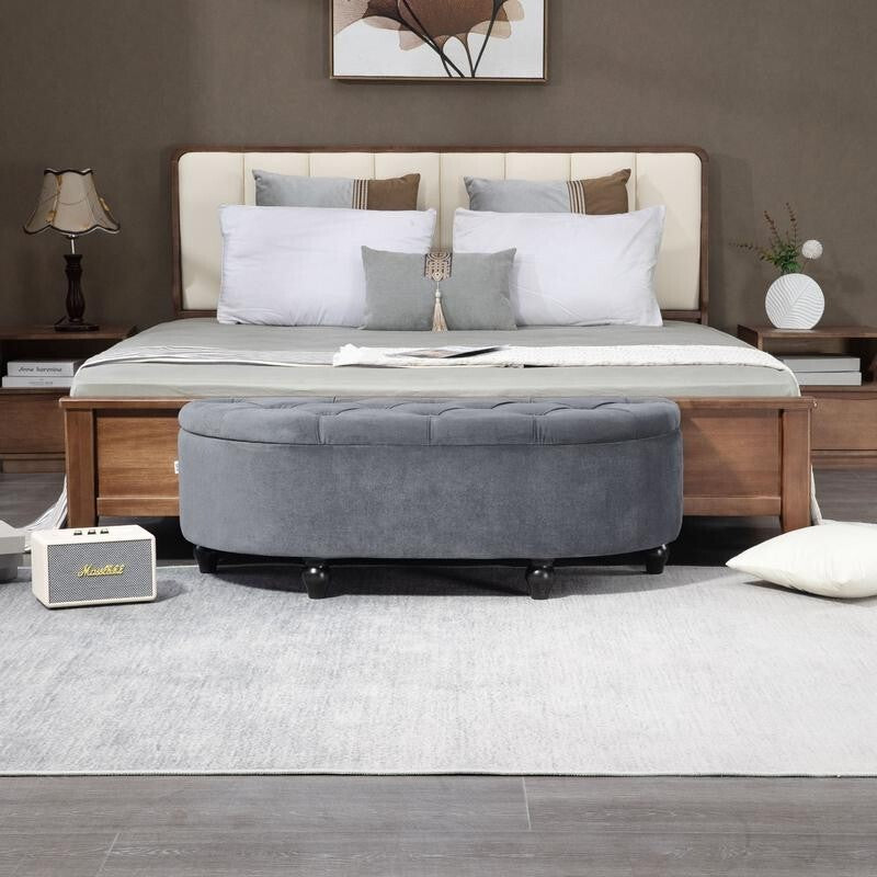 Velvet Storage Ottoman Bench Semi-Circle Bed End Stool Seat Grey Wood Legs