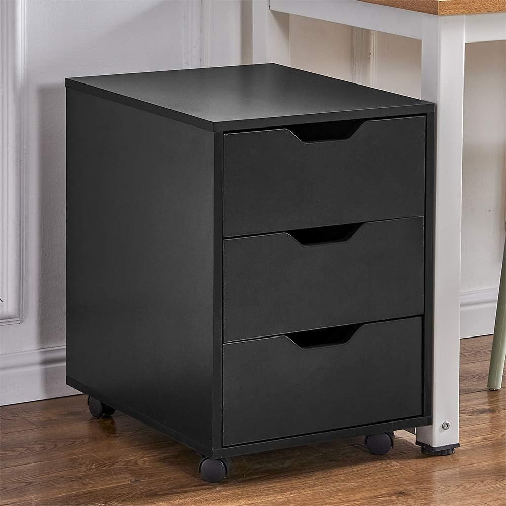 Black Mobile Filing Cabinet 3 Drawer A4 Under Desk Storage on Wheels