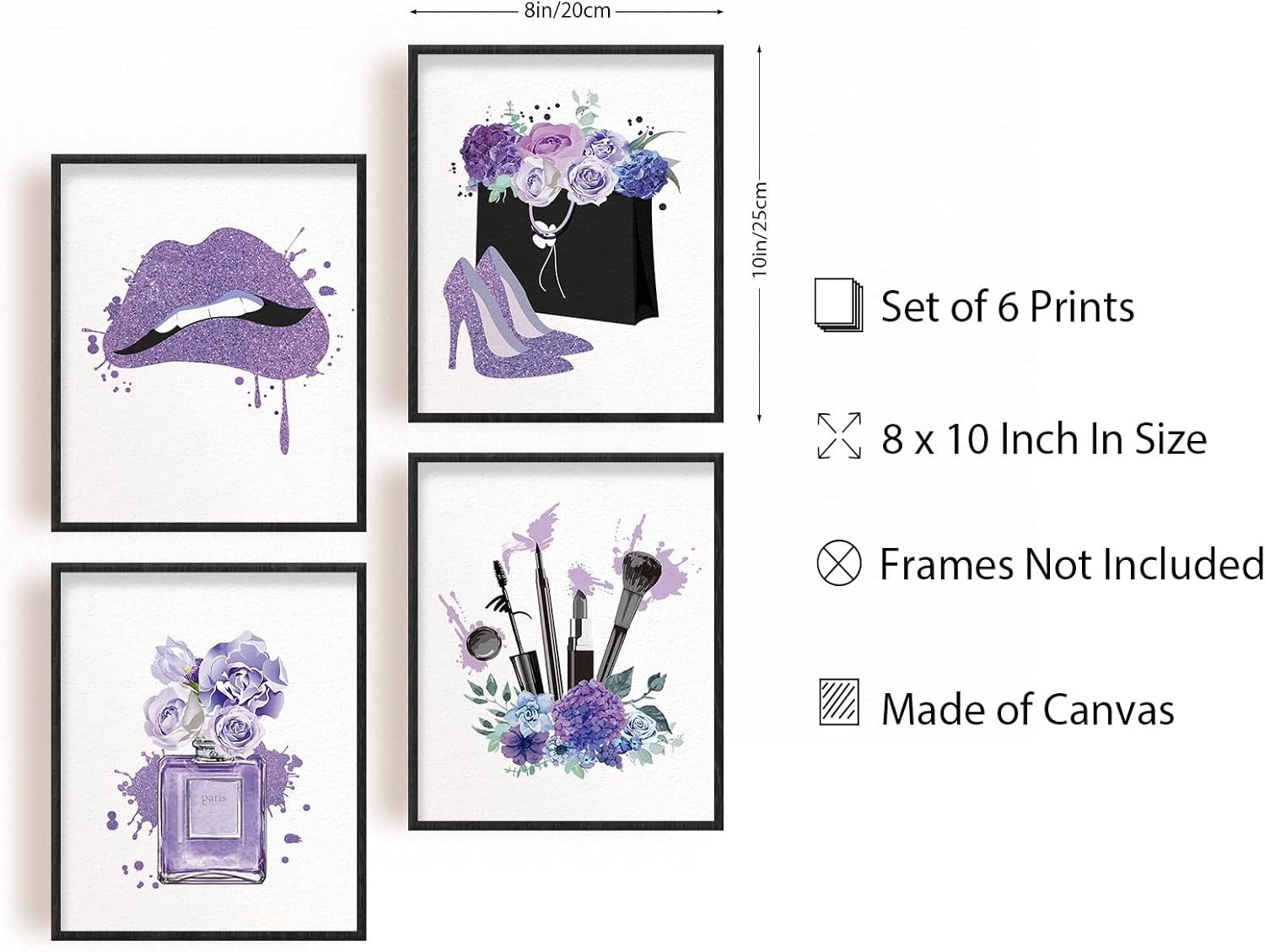 Purple Makeup Wall Art Prints Set 9pc 8x10in Unframed