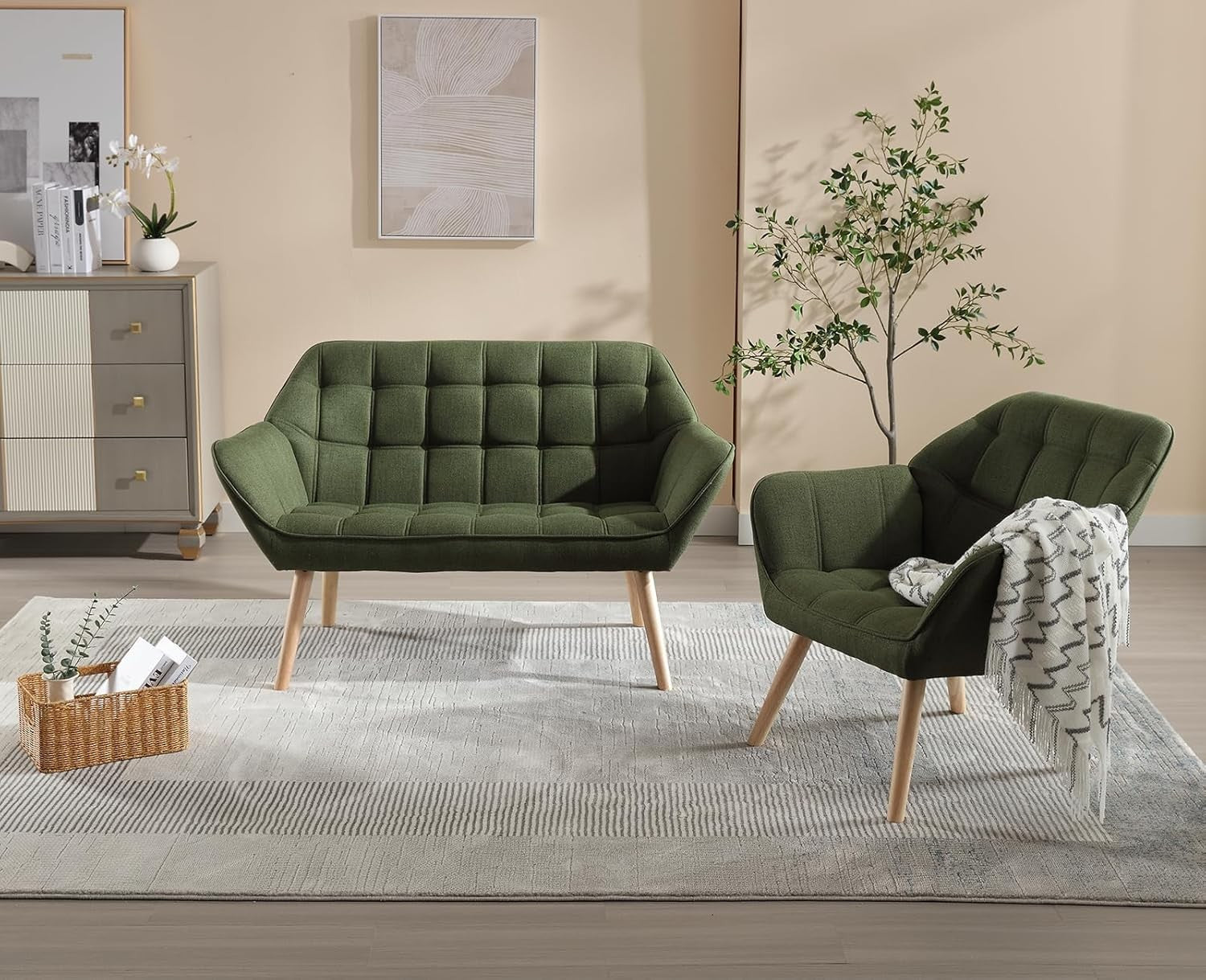 Linen Accent Armchair Green Upholstered Tub Chair Wood Legs