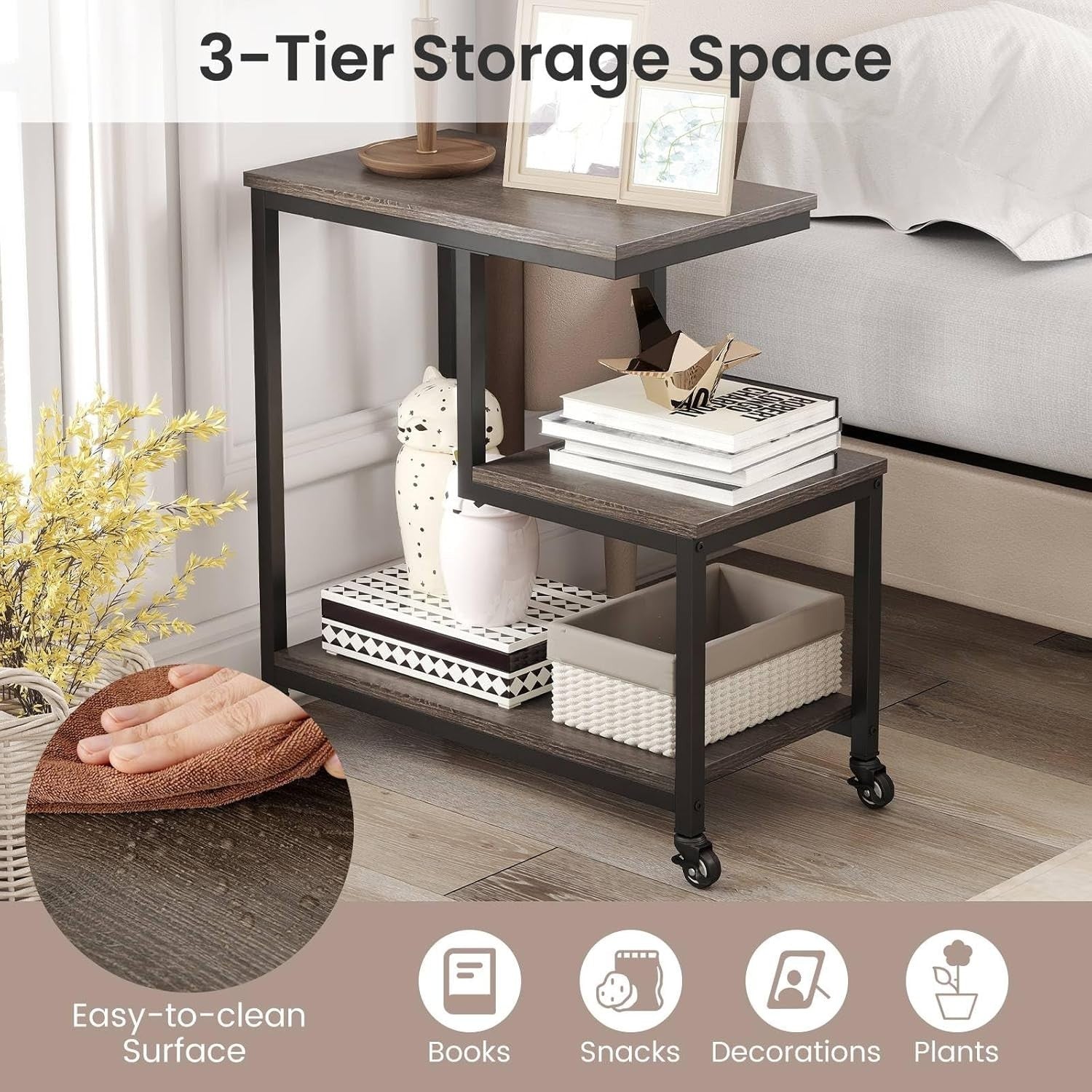 G-Shaped 3-Tier Sofa Side Table with Wheels | Grey Black End Table Storage