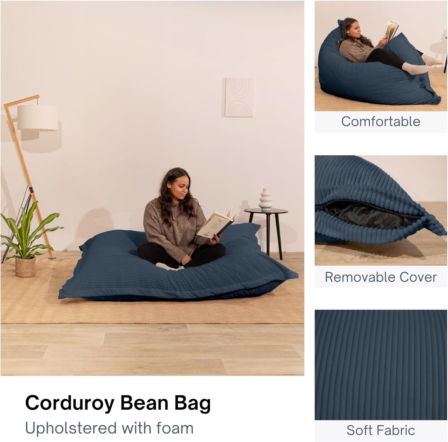 XXL Foam Bean Bag Blue Sofa for Adults & Kids Corduroy Floor Seat 180x140cm