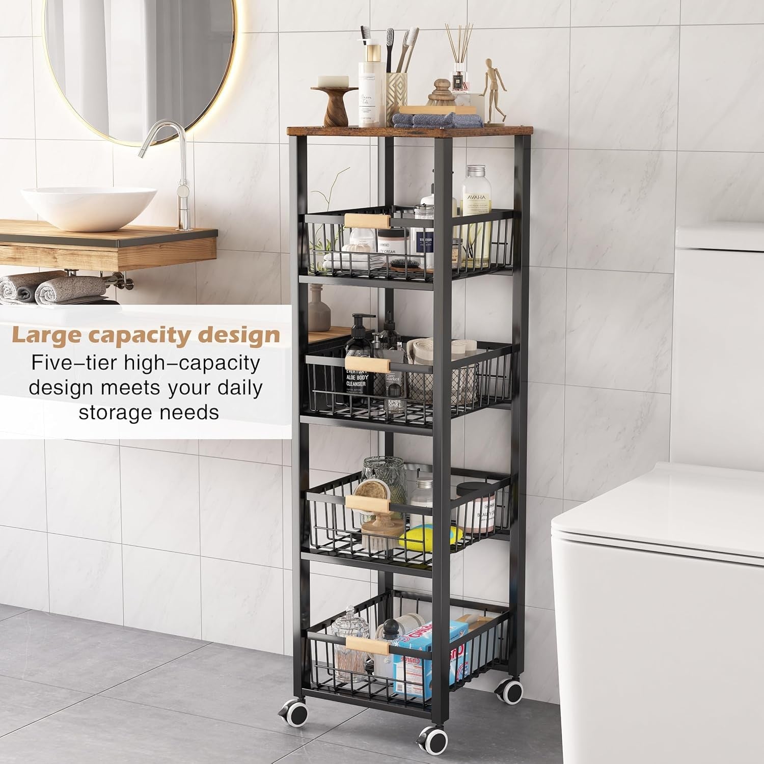 5 Tier Kitchen Storage Trolley with Wheels Slim Fruit Vegetable Basket Rack