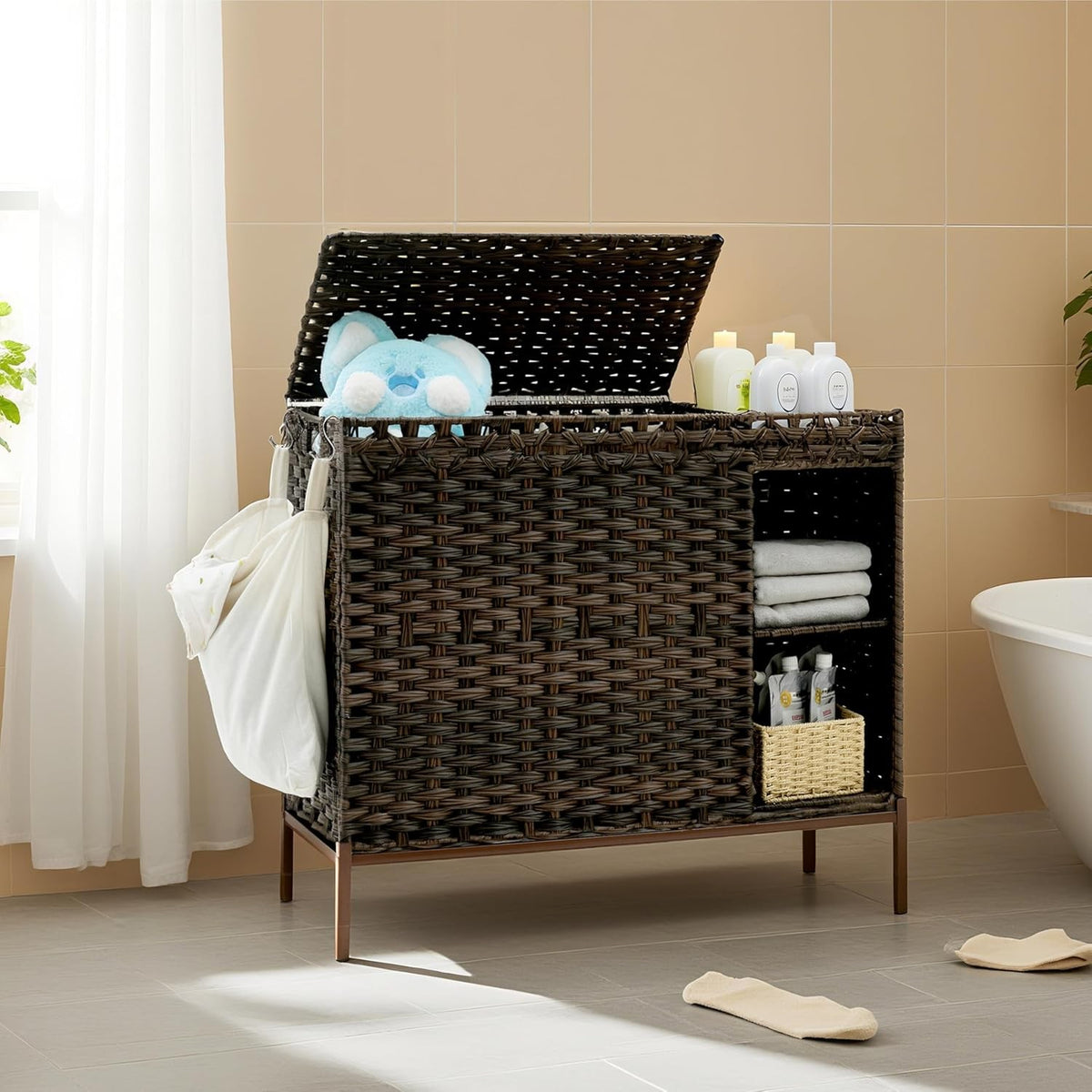 130L Brown Rattan Laundry Hamper 3 Section Basket with Lid & Storage Shelf