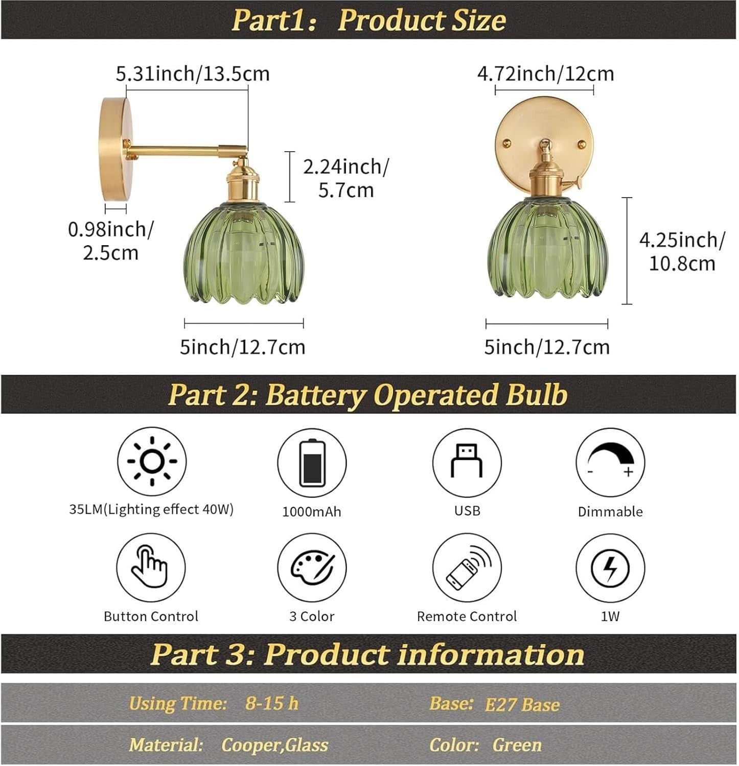 Set of 2 Rechargeable Wall Sconces with Remote, 12 Color Dimmable LED