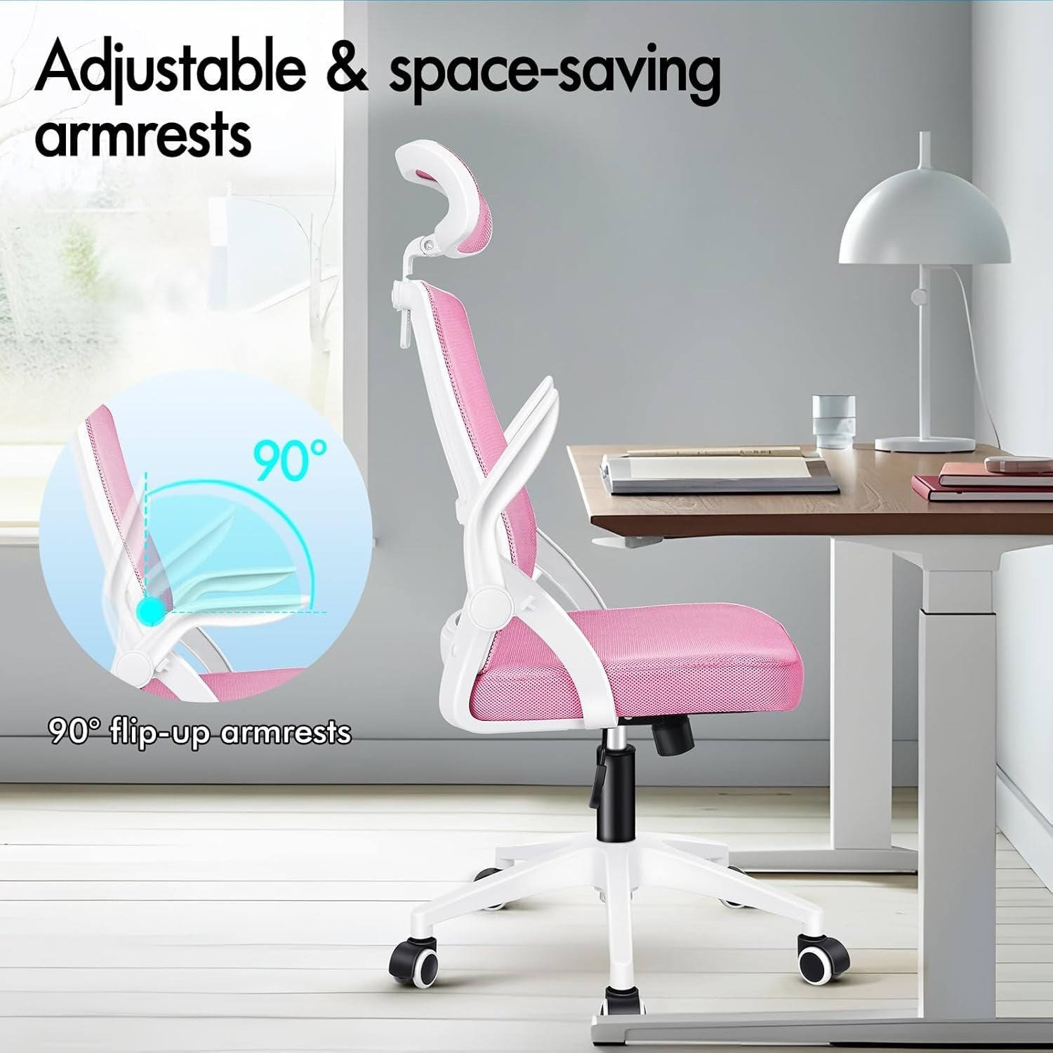 Ergonomic Mesh Office Chair Pink Adjustable Headrest Flip Arms Swivel 180kg