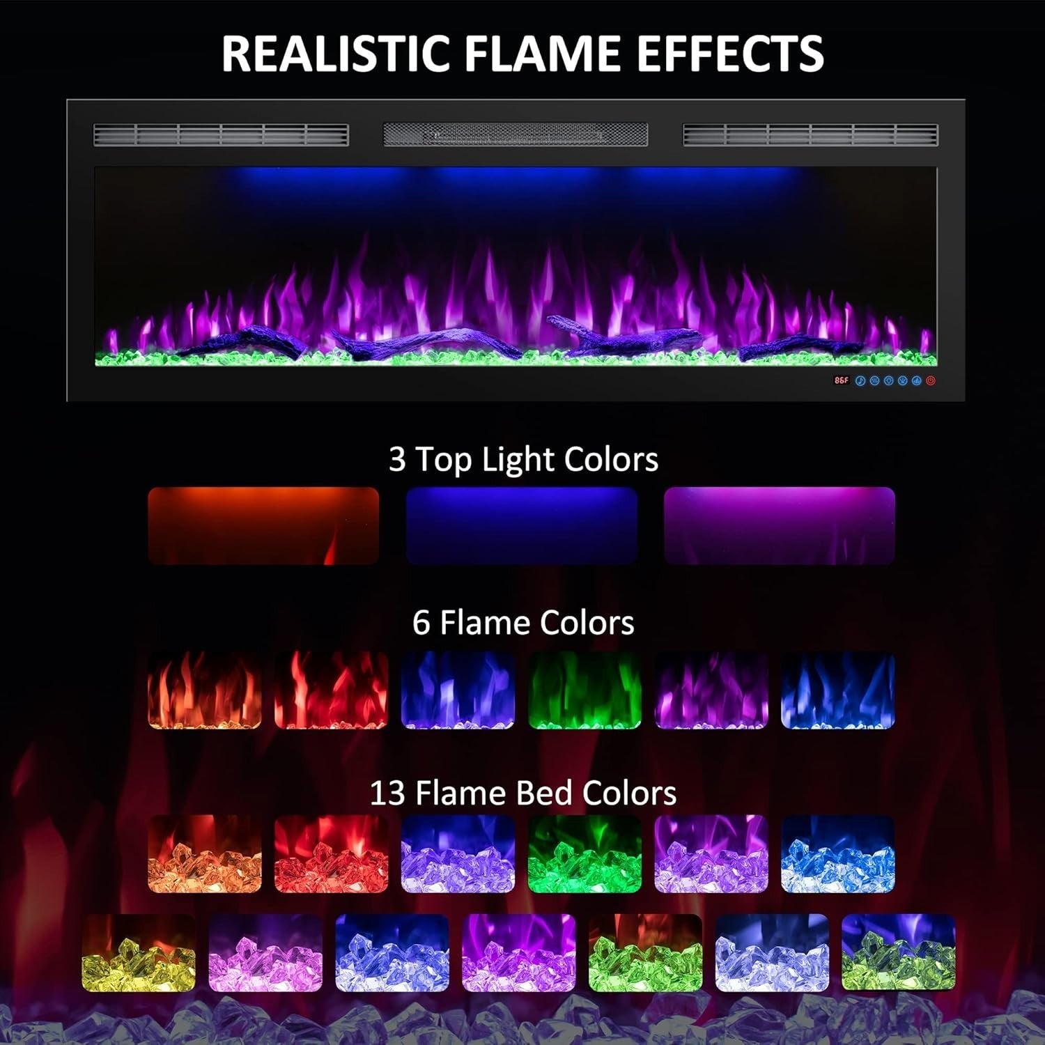152cm Electric Wall-Mount Fireplace with Thermostat, 3 Flame Colors, Alexa