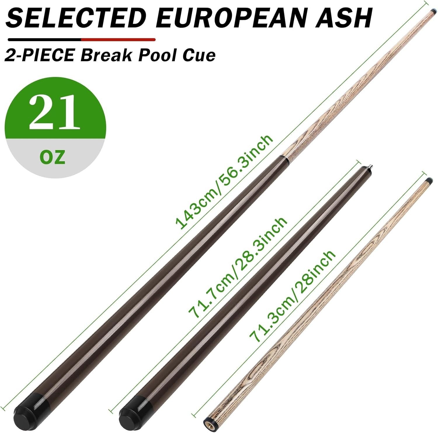 21oz Heavy Break Pool Cue 57.3" Ash Shaft 13.5mm Bakelite Tip