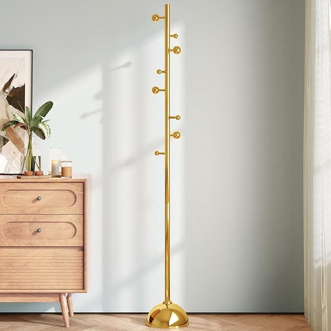 Gold Freestanding Metal Coat Rack | 8 Hooks Modern Floor Stand with Weighted